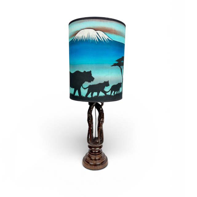 AFRYKAŃSKA LAMPA Z HEBANU Z ABAŻUREM Z BATIKU